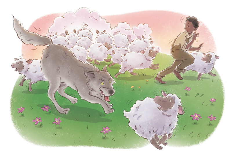 Два ягненка отошли от стада. Волк и пастухи. Волк и Овечка. Волк и ягненок иллюстрация. Овечка и волк сказка.